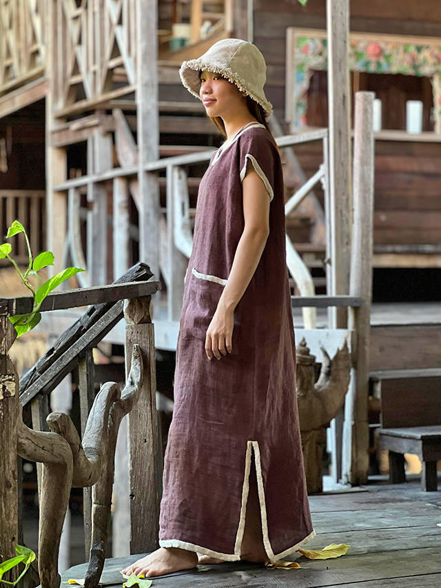 HEMP100% 手織り手刺繍 ワンピース・ブラウン (1点もの)【パヤカ