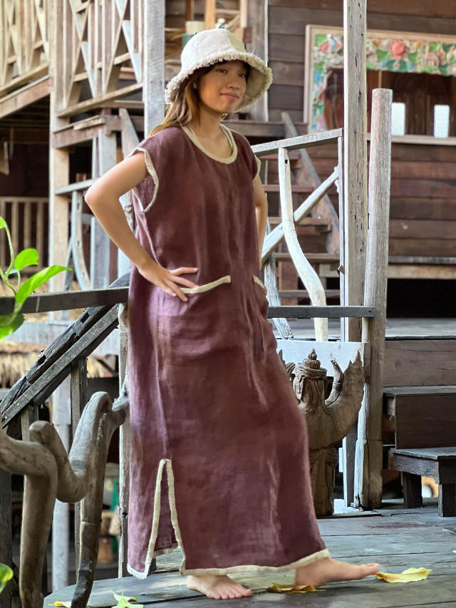 HEMP100% 手織り手刺繍 ワンピース・ブラウン (1点もの)【パヤカ