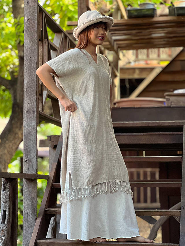 HEMP100% 厚手 手織り手縫い 貫頭衣 ショート ワンピース・きなり