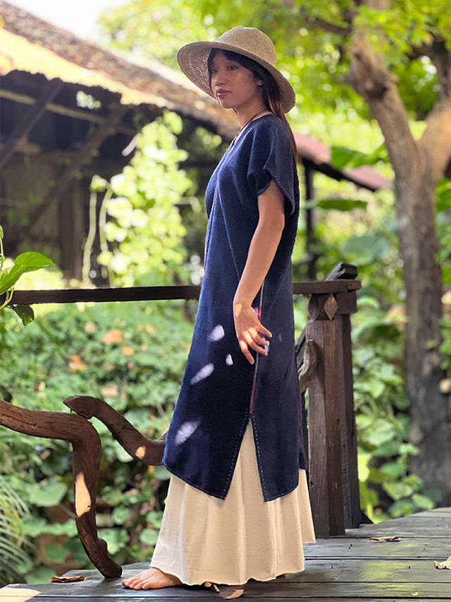 うさとの服　ロングワンピース　コットン/ インディゴ&草木染 うさとの服 ロングワンピース コットン/ インディゴ&草木染 うさと藍染