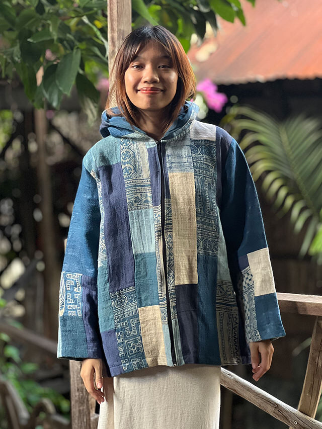 藍染　刺し子　リバーシブル　 パッチワークジャケット リバーシブル総刺し子♪藍染古布と縞木綿のパッチワーク