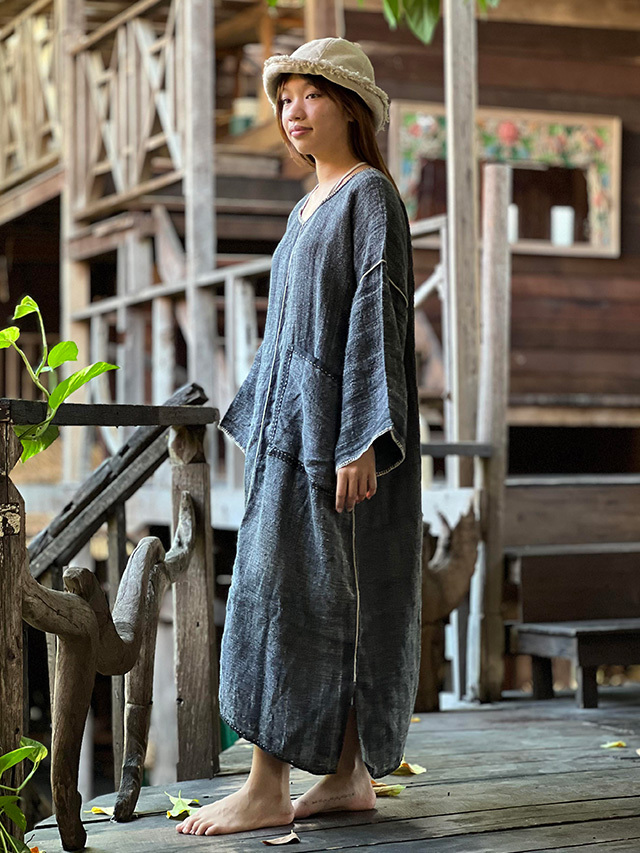 ハンドメイド　ワンピース　100size HEMP100% 手織り手縫い 貫頭衣 ストーンウォッシュ ワンピース
