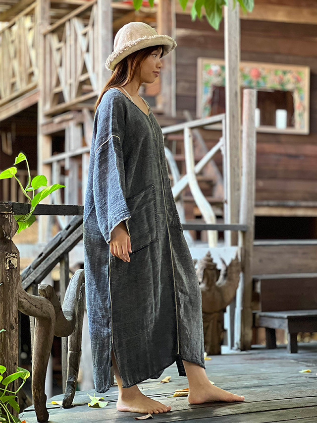 タイ ヤオ族 刺繍 ヘンプ ワンピース 貫頭衣 麻 新品未使用 hemp HEMP100% 手織り手縫い 貫頭衣 ストーンウォッシュ ワンピース