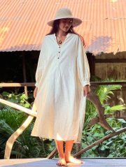 asana x chewin'bacco HEMP100% デニム風 ゆったり ロング ワンピース・きなり