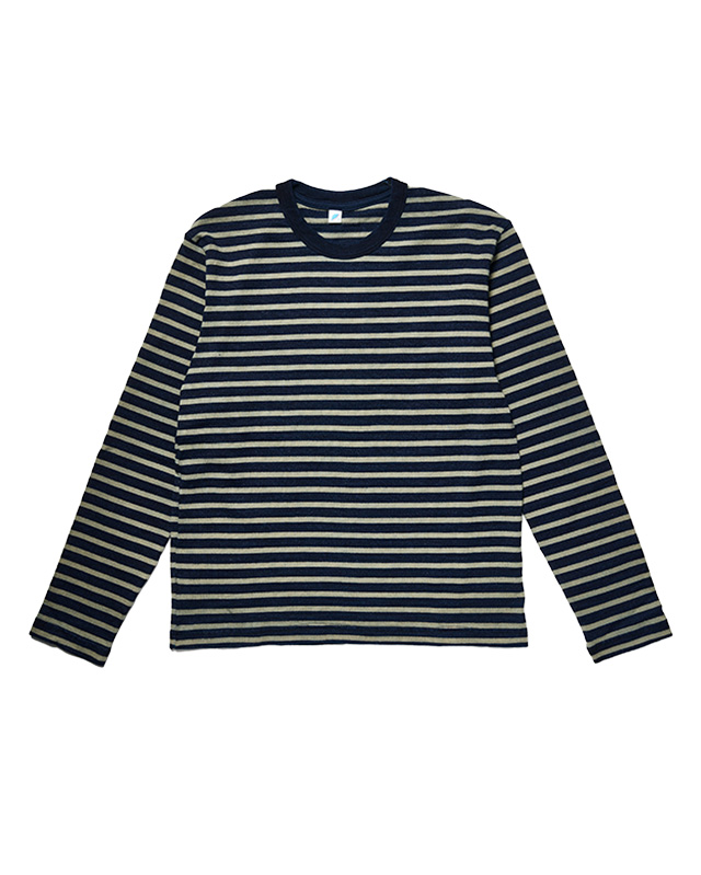 [LS-5407-1] Heavy weight Striped Long Sleeve T-shirt - Indigo×Beige