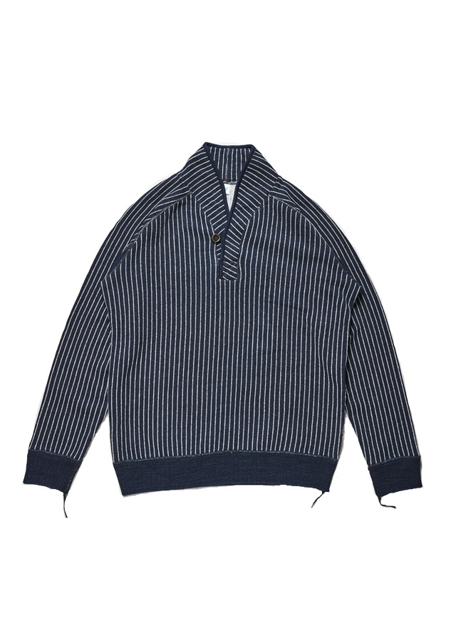 [5408-2] Yarn Dyed Indigo Shawl Collar Sweatshirt / Stripe