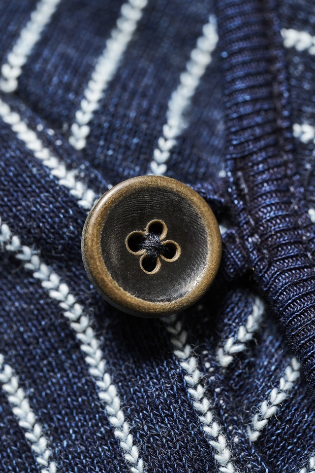 5408-2] Yarn Dyed Indigo Shawl Collar Sweatshirt / Stripe