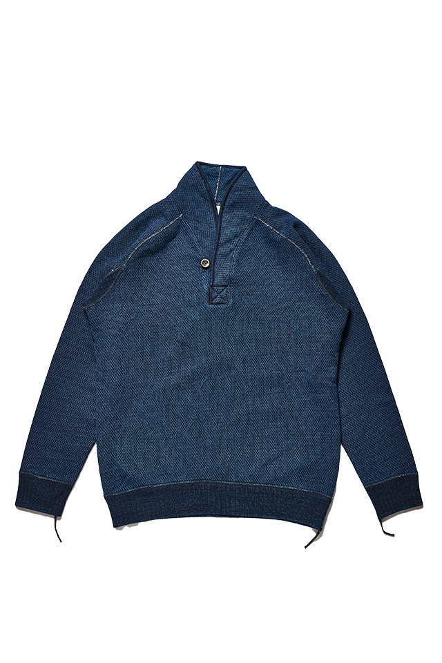 [5408-3] Yarn Dyed Indigo Shawl Collar Sweatshirt / Sashiko
