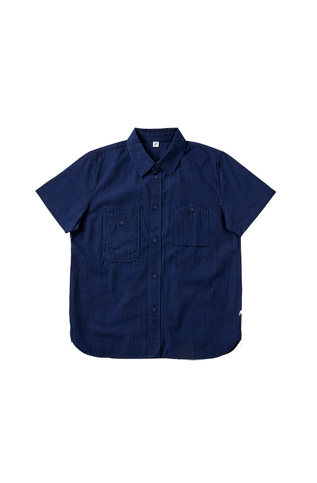 [SS-2244-1] Seersucker Indigo Check Short Sleeve Shirts - Block Check