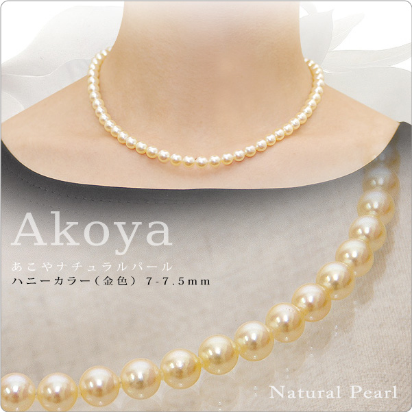 あこやナチュラルパールネックレス　ハニーカラー（金色） 7-7.5mm【1-2-2-1】