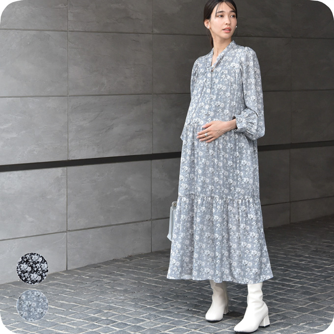 授乳服 マタニティ ワンピース 花柄 秋冬 春 長袖 ロング マキシ Pearls パールズ