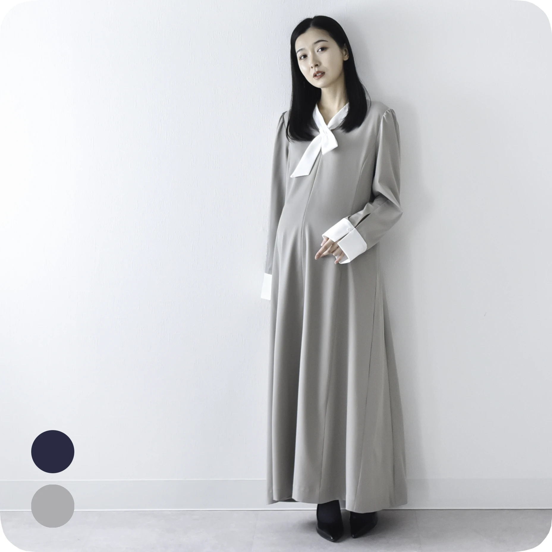 授乳服 マタニティ ワンピース お宮参り フォーマル ロング マキシ丈 長袖 胸リボン 入学式 Pearls パールズ