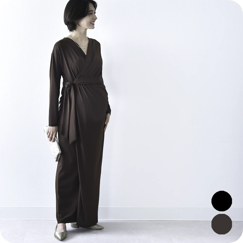 授乳服 マタニティ 春 秋 秋冬 マキシ ワンピース ドレス カシュクール シャーリング パールズ Pearls