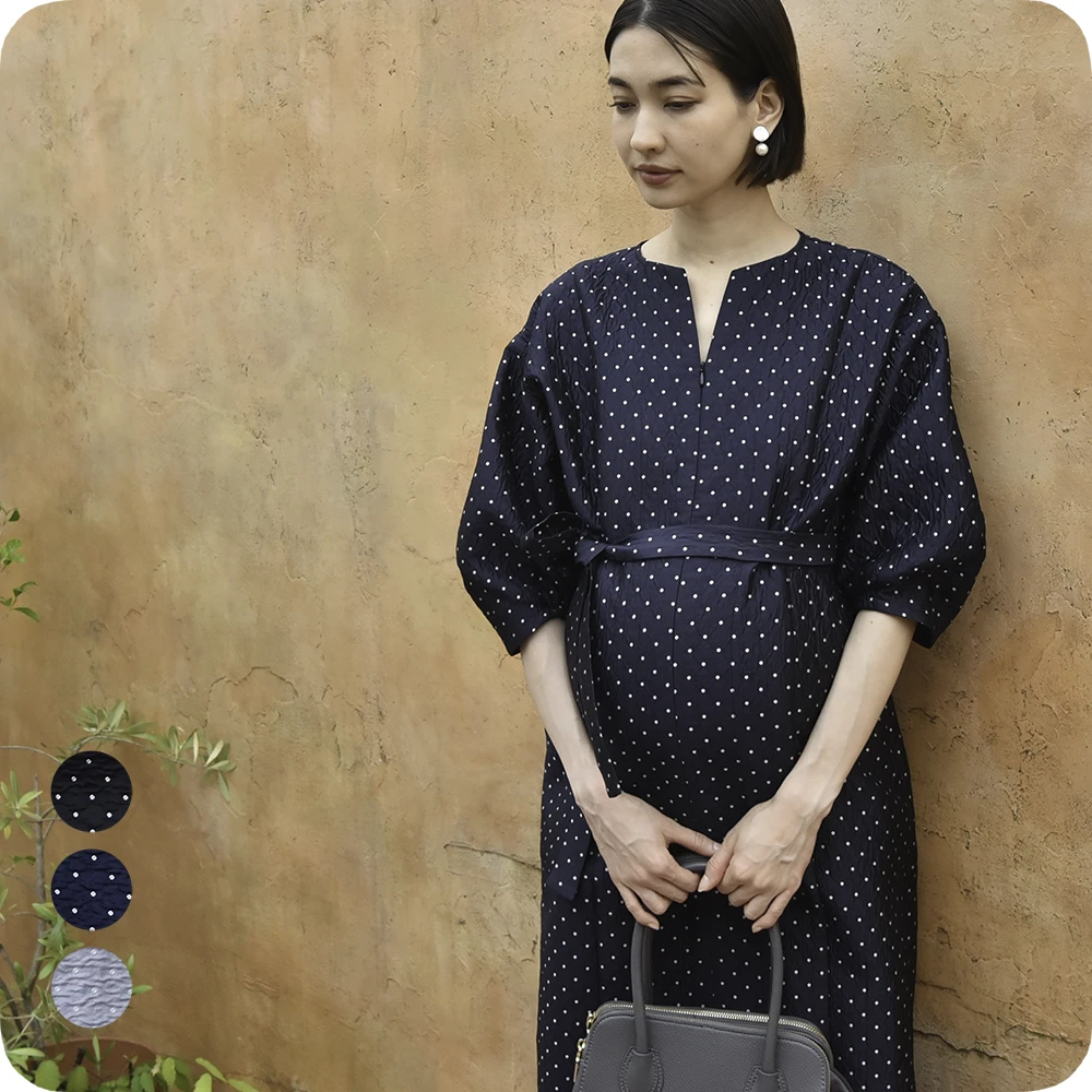 授乳服 マタニティ お宮参り ワンピース フォーマル ロング ボリューム袖 七分袖 ドット ジャガード Pearls パールズ