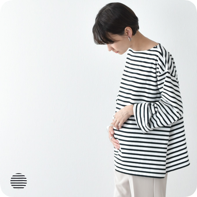 日本製 授乳服 マタニティ ボーダー トップス 長袖 白黒 モノトーン 秋冬 冬 春 おしゃれ 可愛い 授乳ケープ Pearls パールズ