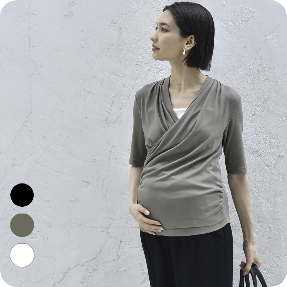 授乳服 マタニティ トップス カシュクール 前開き 半袖 長袖 カットソー 春夏 秋冬 Pearls パールズ