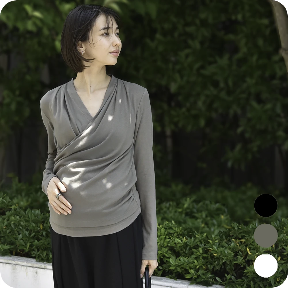 授乳服 マタニティ トップス カシュクール 前開き 半袖 長袖 カットソー 春夏 秋冬 Pearls パールズ