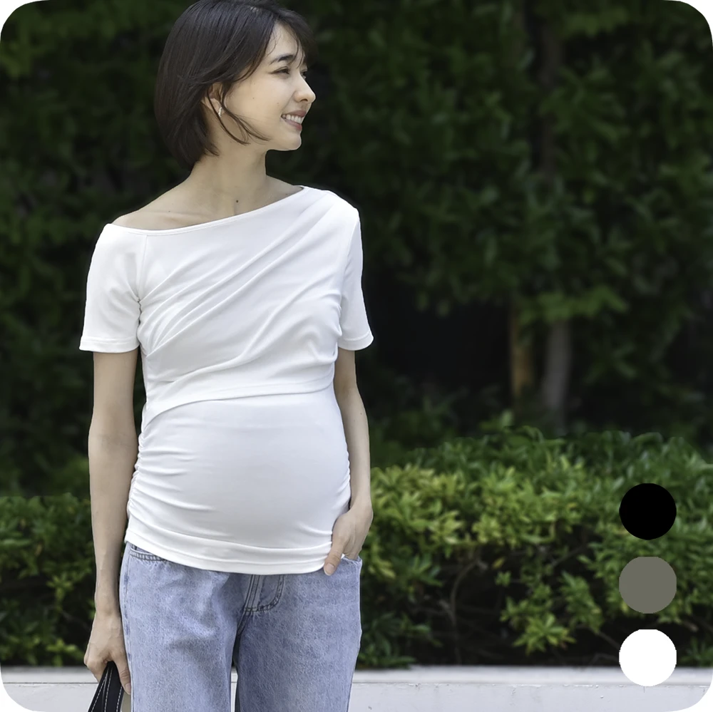 授乳服 マタニティ トップス オフショル 前開き アシンメトリー 半袖 春夏秋 授乳口 妊婦服 Pearls パールズ