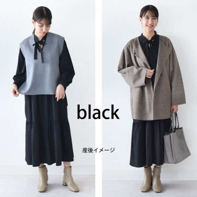 【韓国ファッション】ボウタイ リボン ティアード ワンピース マタニティ 授乳服通販パールズ 授乳機能付き ボウタイリボンの