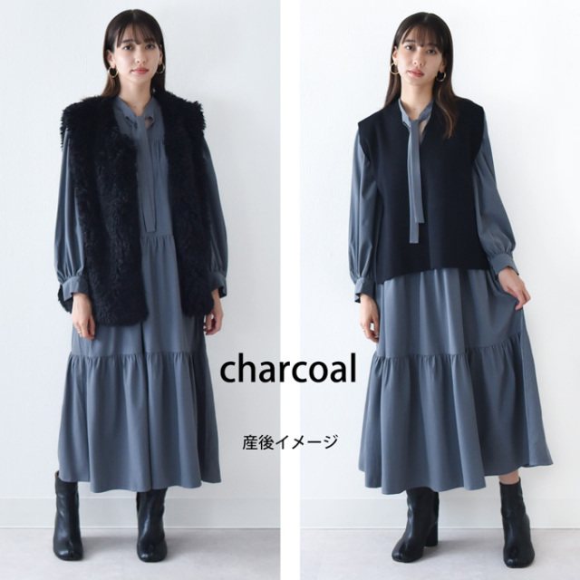 授乳服 マタニティ ワンピース ティアード ボウタイ ロング マキシ 秋 春 授乳口 Pearls パールズ