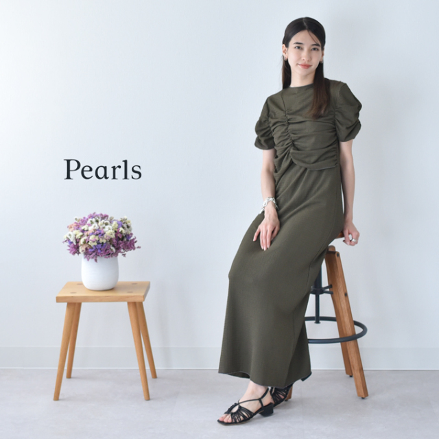 授乳服 ワンピース 半袖 マタニティ 授乳口付き ジャガード 袖デザイン シャーリング アシンメトリー 春夏 Pearls パールズ