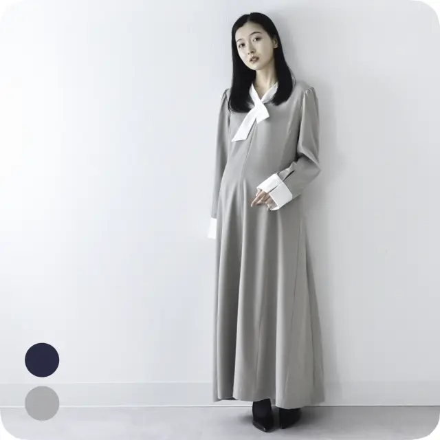 授乳服 マタニティ ワンピース お宮参り フォーマル ロング マキシ丈 長袖 胸リボン 入学式 Pearls パールズ