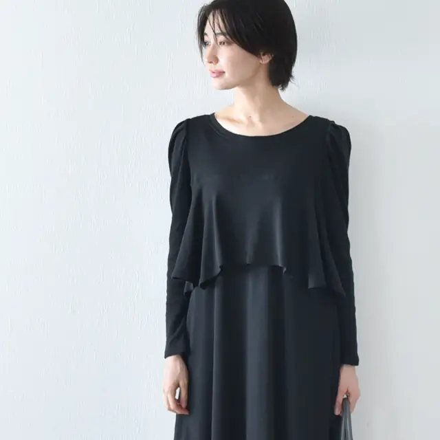授乳服 マタニティ 春 秋冬 秋 マキシ ワンピース ペプラム 授乳口 授乳ケープ一体型 パールズ Pearls