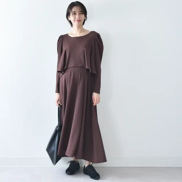 授乳服 マタニティ 春 秋冬 秋 マキシ ワンピース ペプラム 授乳口 授乳ケープ一体型 パールズ Pearls
