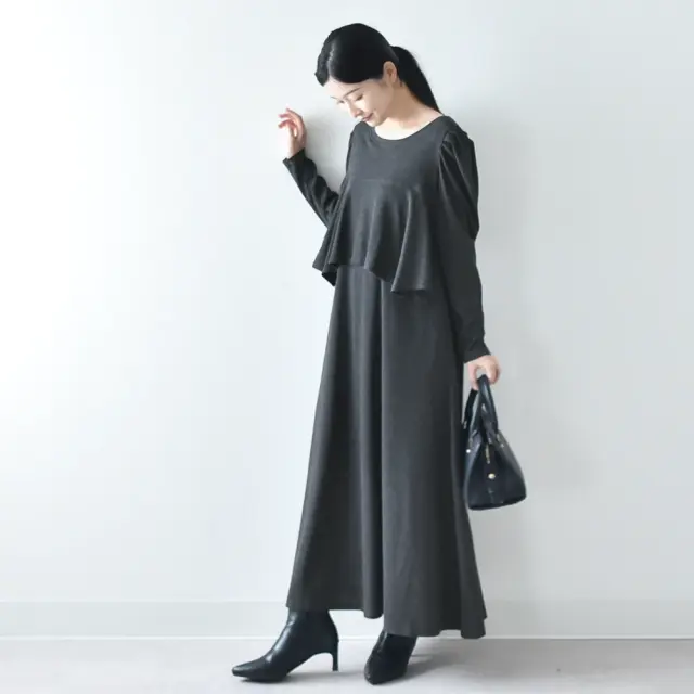 授乳服 マタニティ 春 秋冬 秋 マキシ ワンピース ペプラム 授乳口 授乳ケープ一体型 パールズ Pearls