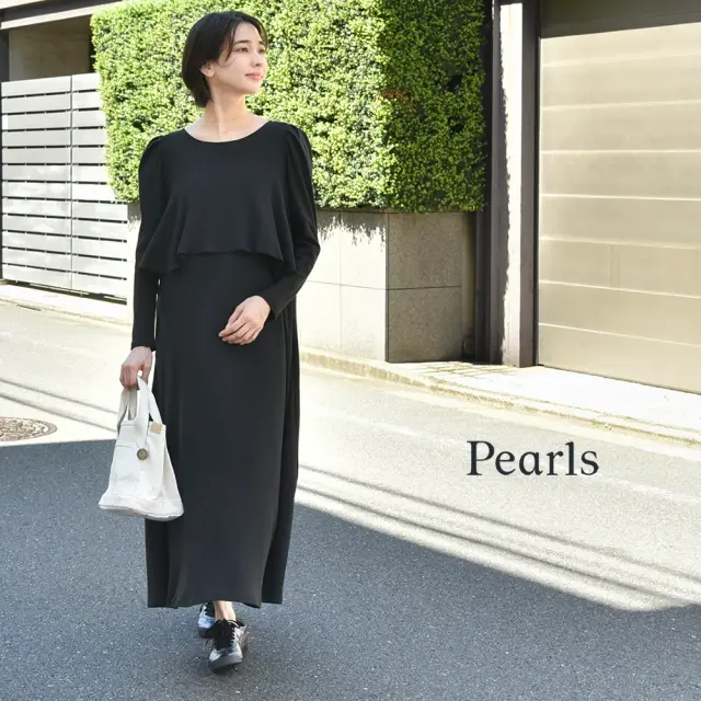 授乳服 マタニティ 春 秋冬 秋 マキシ ワンピース ペプラム 授乳口 授乳ケープ一体型 パールズ Pearls