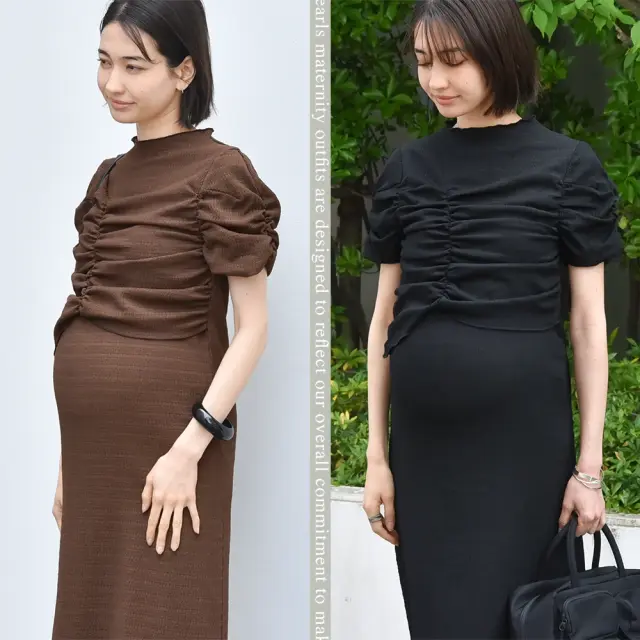 授乳服 ワンピース 半袖 マタニティ 授乳口付き ジャガード 袖デザイン シャーリング アシンメトリー 春夏 Pearls パールズ