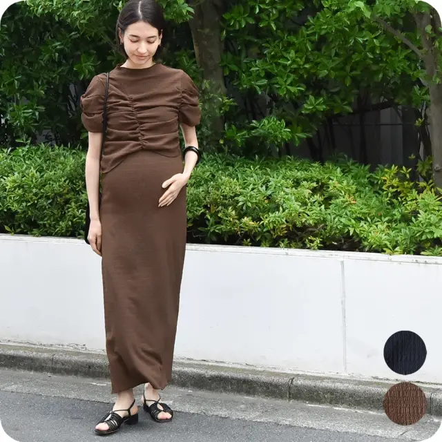 授乳服 ワンピース 半袖 マタニティ 授乳口付き ジャガード 袖デザイン シャーリング アシンメトリー 春夏 Pearls パールズ