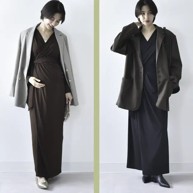 授乳服 マタニティ 春 秋 秋冬 マキシ ワンピース ドレス カシュクール シャーリング パールズ Pearls
