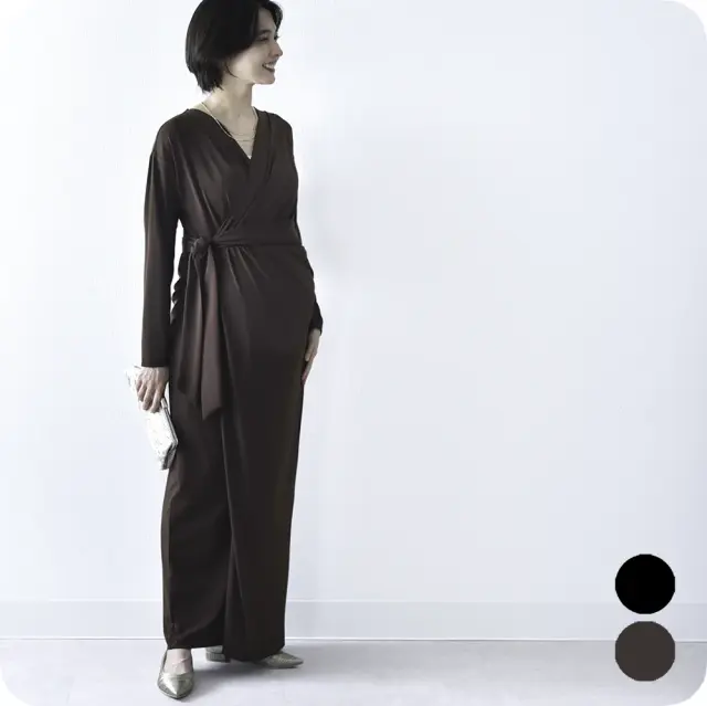授乳服 マタニティ 春 秋 秋冬 マキシ ワンピース ドレス カシュクール シャーリング パールズ Pearls