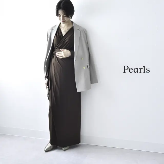 授乳服 マタニティ 春 秋 秋冬 マキシ ワンピース ドレス カシュクール シャーリング パールズ Pearls