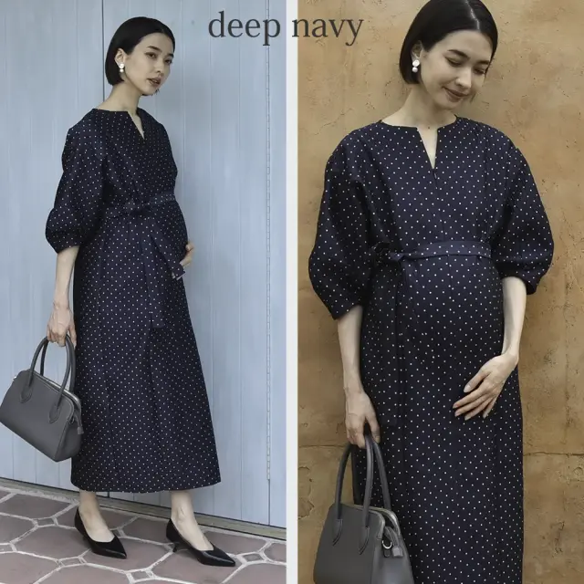 授乳服 マタニティ お宮参り ワンピース フォーマル ロング ボリューム袖 七分袖 ドット ジャガード Pearls パールズ