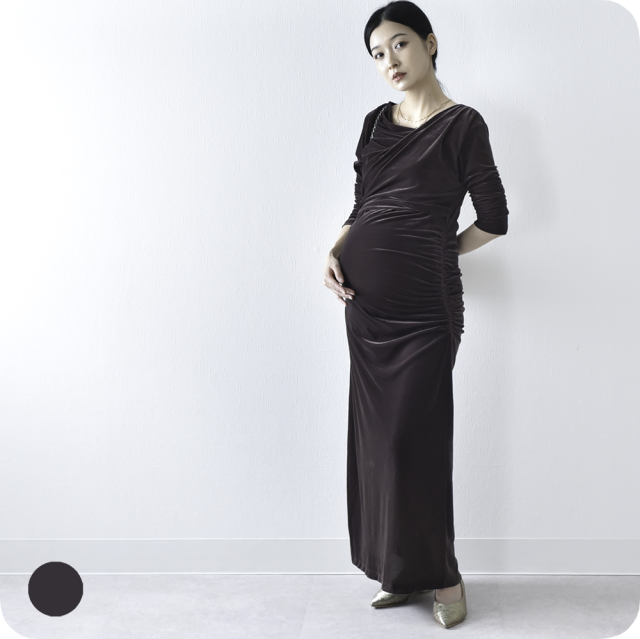 授乳服 マタニティ ワンピース ドレス シアー ベロア カシュクールデザイン シャーリング ストレッチ 授乳口 Pearls パールズ