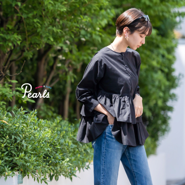 授乳服 マタニティ トップス ティアード フリル フレア ボタン 前開き 春夏 28分袖 長袖 ブラウス パールズ Pearls