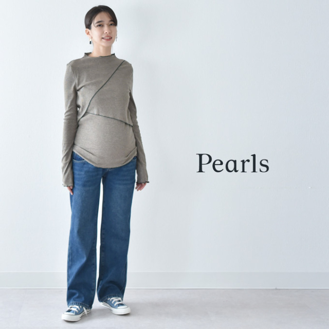 授乳服 マタニティ トップス 秋 冬 リブ 暖かい 授乳口 マタニティウェア Pearls パールズ