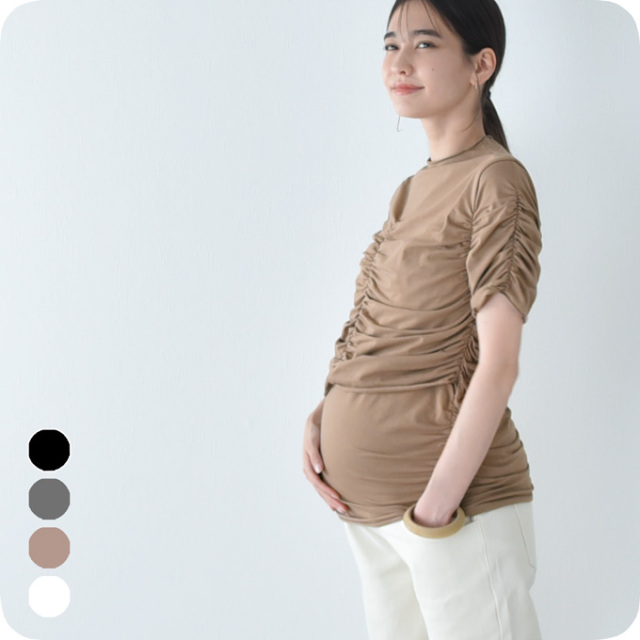 授乳服 トップス 半袖 マタニティ 授乳口付き 袖デザイン シャーリング アシンメトリー 春夏 Pearls パールズ