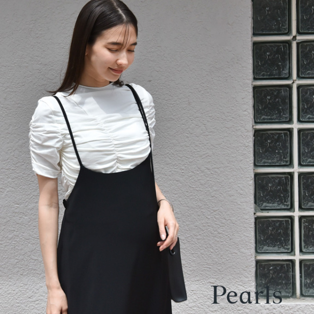 授乳服 トップス 半袖 マタニティ 授乳口付き 袖デザイン シャーリング アシンメトリー 春夏 Pearls パールズ