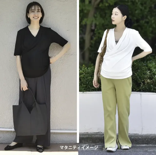 授乳服 マタニティ トップス カシュクール 前開き 半袖 長袖 カットソー 春夏 秋冬 Pearls パールズ