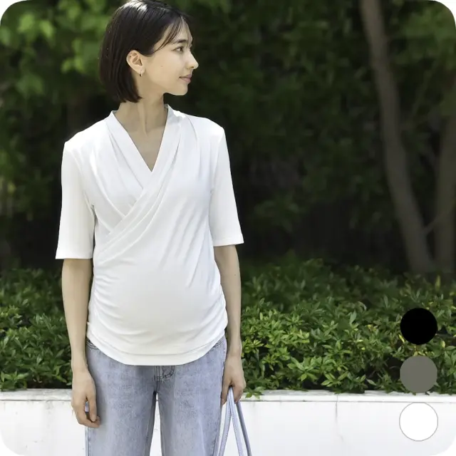 授乳服 マタニティ トップス カシュクール 前開き 半袖 長袖 カットソー 春夏 秋冬 Pearls パールズ