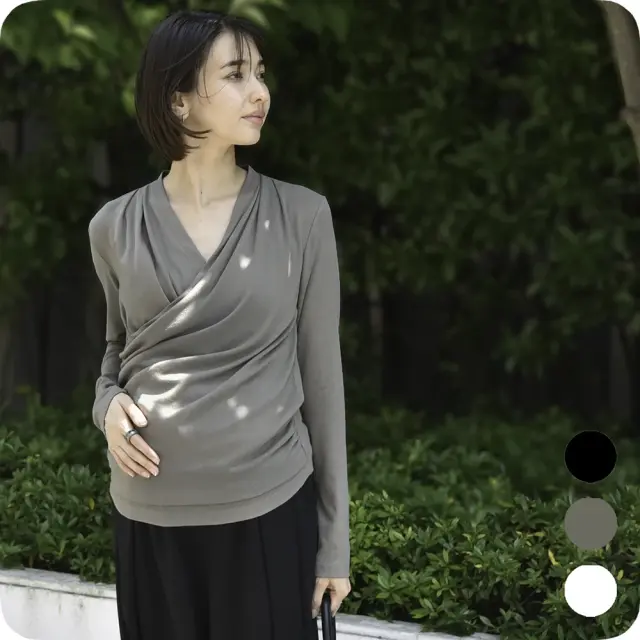 授乳服 マタニティ トップス カシュクール 前開き 半袖 長袖 カットソー 春夏 秋冬 Pearls パールズ