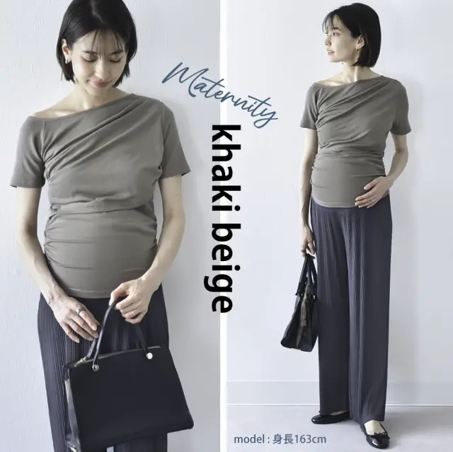 授乳服 マタニティ トップス オフショル 前開き アシンメトリー 半袖 春夏秋 授乳口 妊婦服 Pearls パールズ
