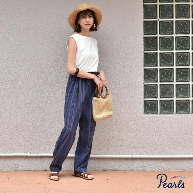 日本製 マタニティ パンツ 夏 春夏 ワイド 柄 ストライプ テーパード 麻 リネン Pearls パールズ