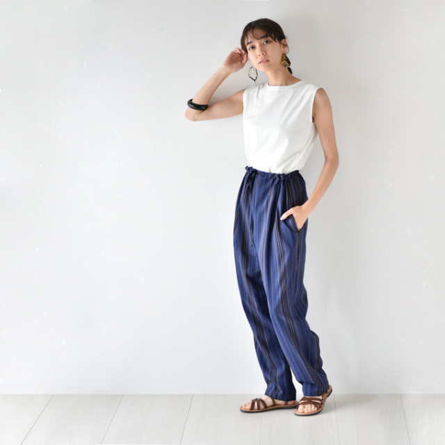 日本製 マタニティ パンツ 夏 春夏 ワイド 柄 ストライプ テーパード 麻 リネン Pearls パールズ