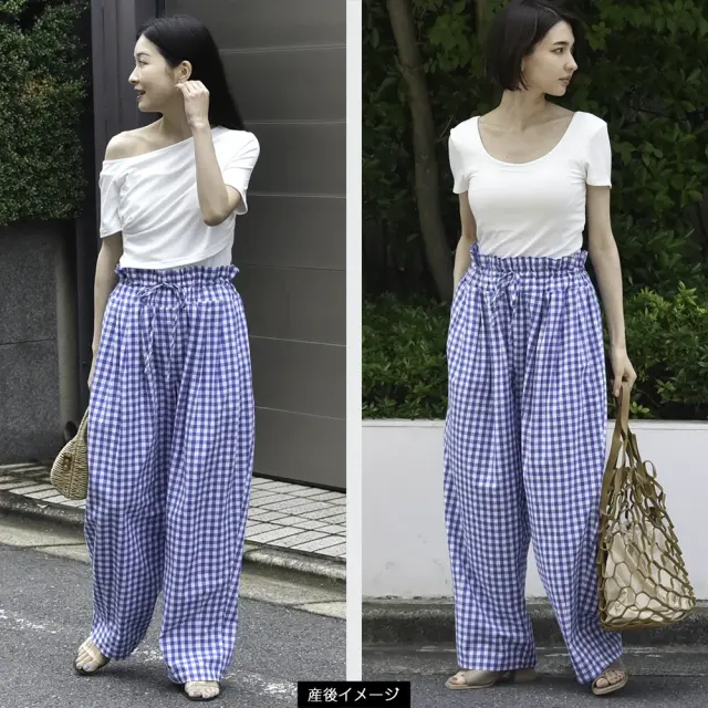 マタニティ パンツ ボトムス 産前産後 ウエスト調節 ギンガムチェック バルーンパンツ バルーンシルエット イージー Pearls パールズ