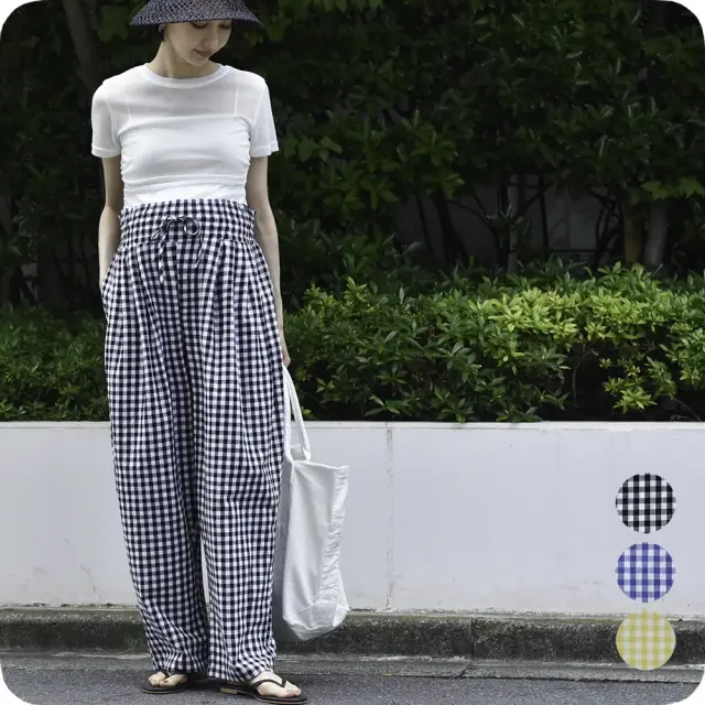 マタニティ パンツ ボトムス 産前産後 ウエスト調節 ギンガムチェック バルーンパンツ バルーンシルエット イージー Pearls パールズ