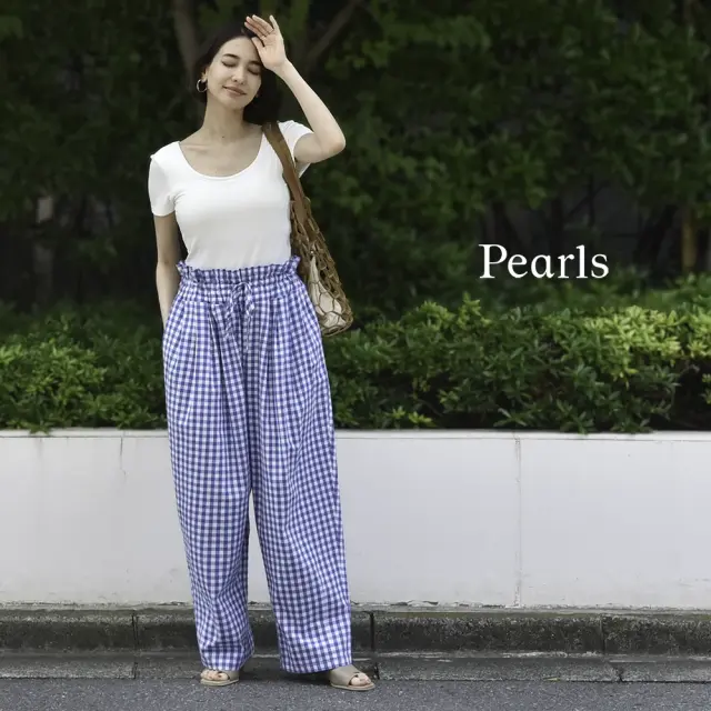 マタニティ パンツ ボトムス 産前産後 ウエスト調節 ギンガムチェック バルーンパンツ バルーンシルエット イージー Pearls パールズ
